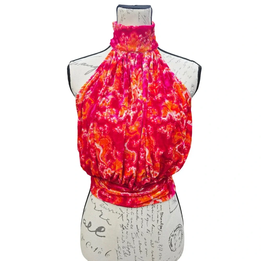 Free People -1853 Take A Break‎ Velvet Floral Orange Halter Top Blouse XS